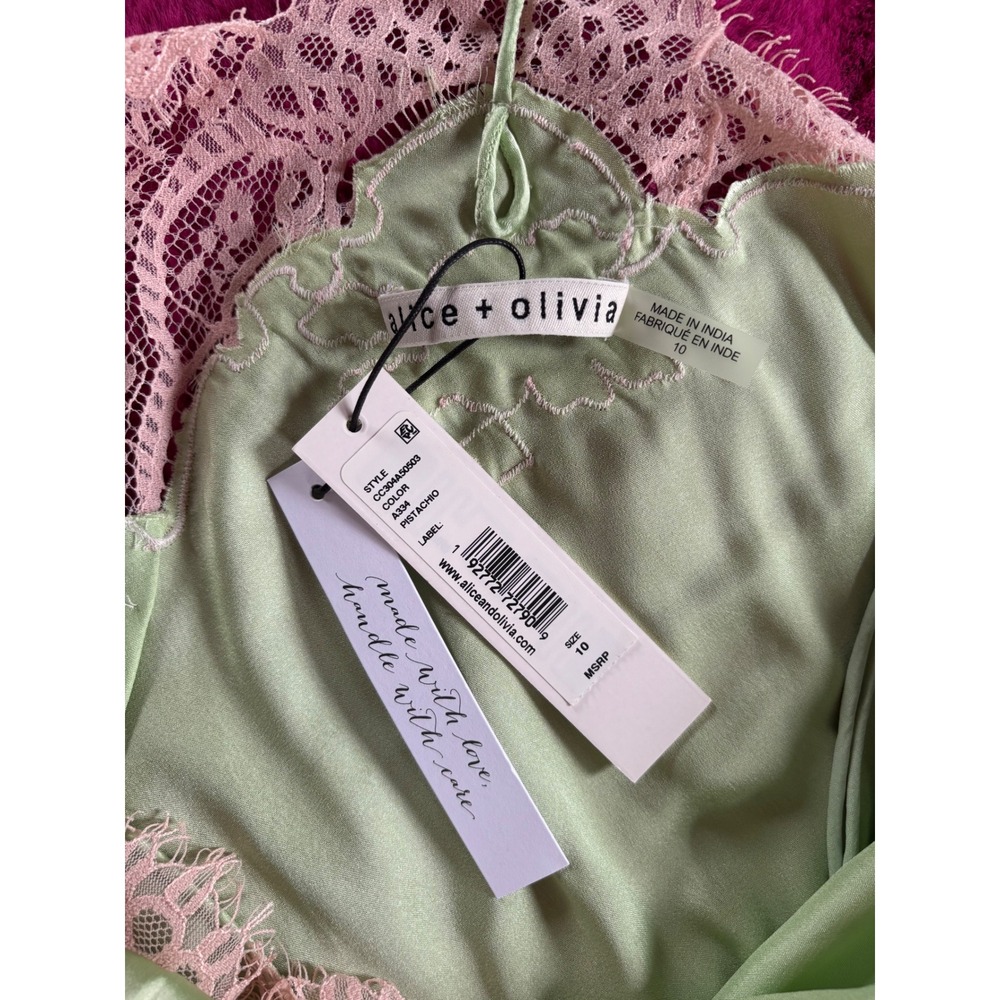 NWT* Alice + Olivia Kerr Midi Slip Dress Satin Green Pink Lace Fairy Romantic 10 - Picture 11 of 15